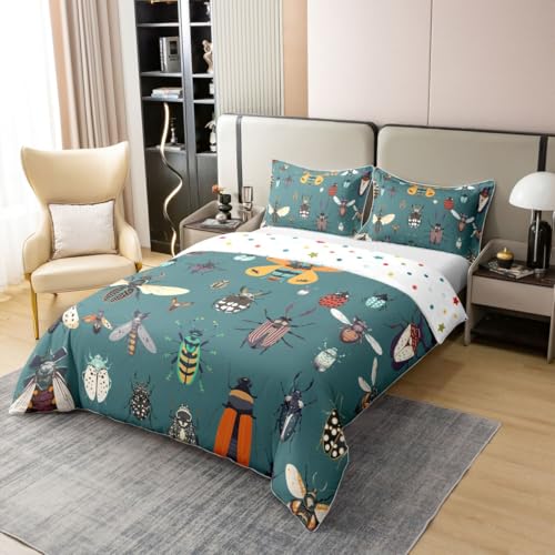 Housse de couette coléoptères 100% coton pour lit simple, avec taie d'oreiller rustique