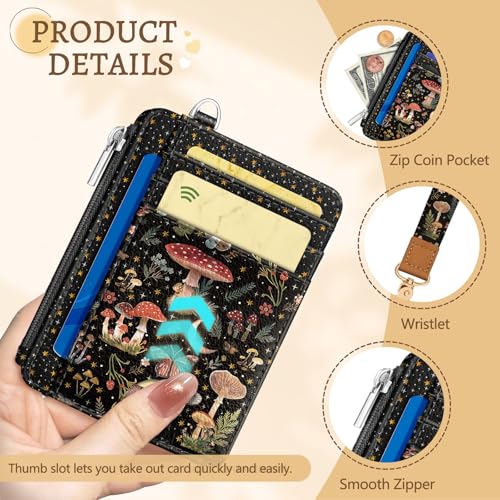 Image of Kelvoris Mushrooms Slim Wallet Women Credit Card Holder Small RFID Wristlet | Keychain, Zipper Coin Pocket, Front Pocket Thin Travel Card Case, Minimalist, 6 Card Slots, 1 ID Window, Ladies Gifts Woman