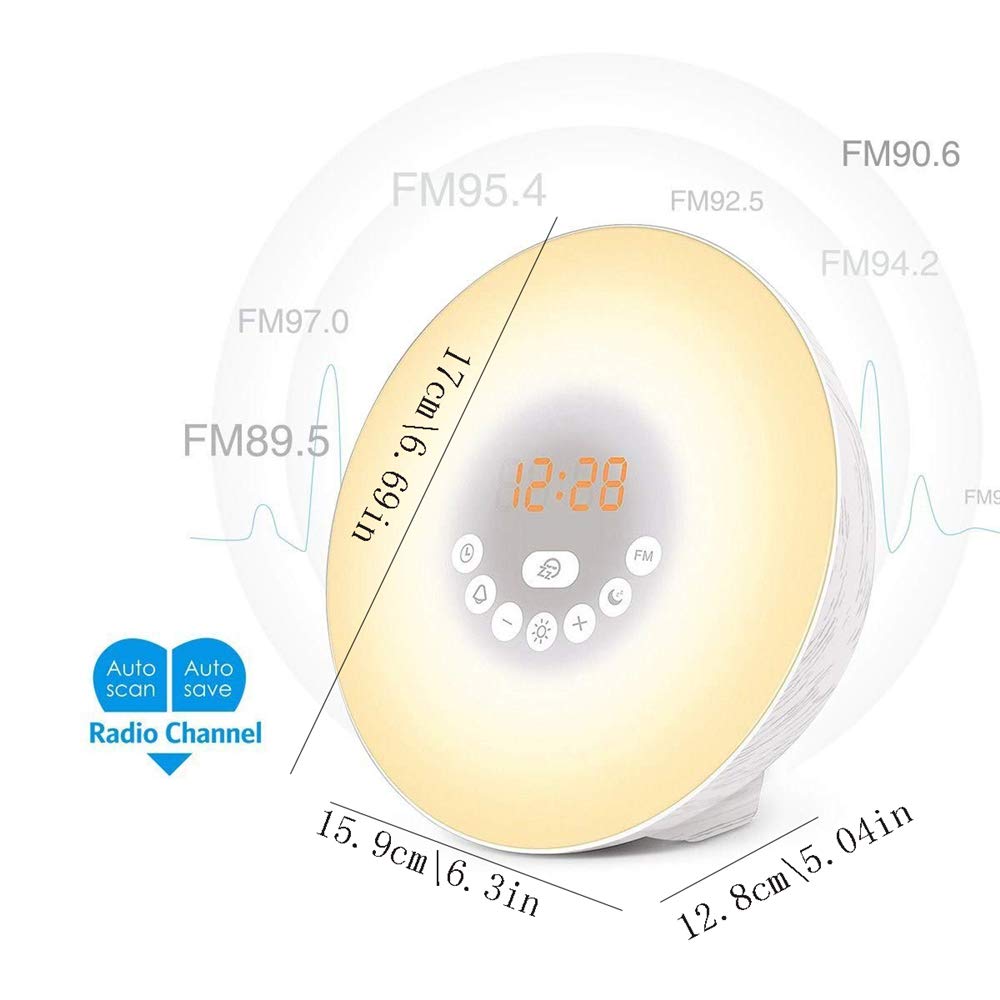 Sunrise budzik z lampką Wake Up Light, 7 dźwięków natury, cyfrowy zegar sterowany dotykiem, budzik emituje słabe światło, aby pomóc w zasypianiu