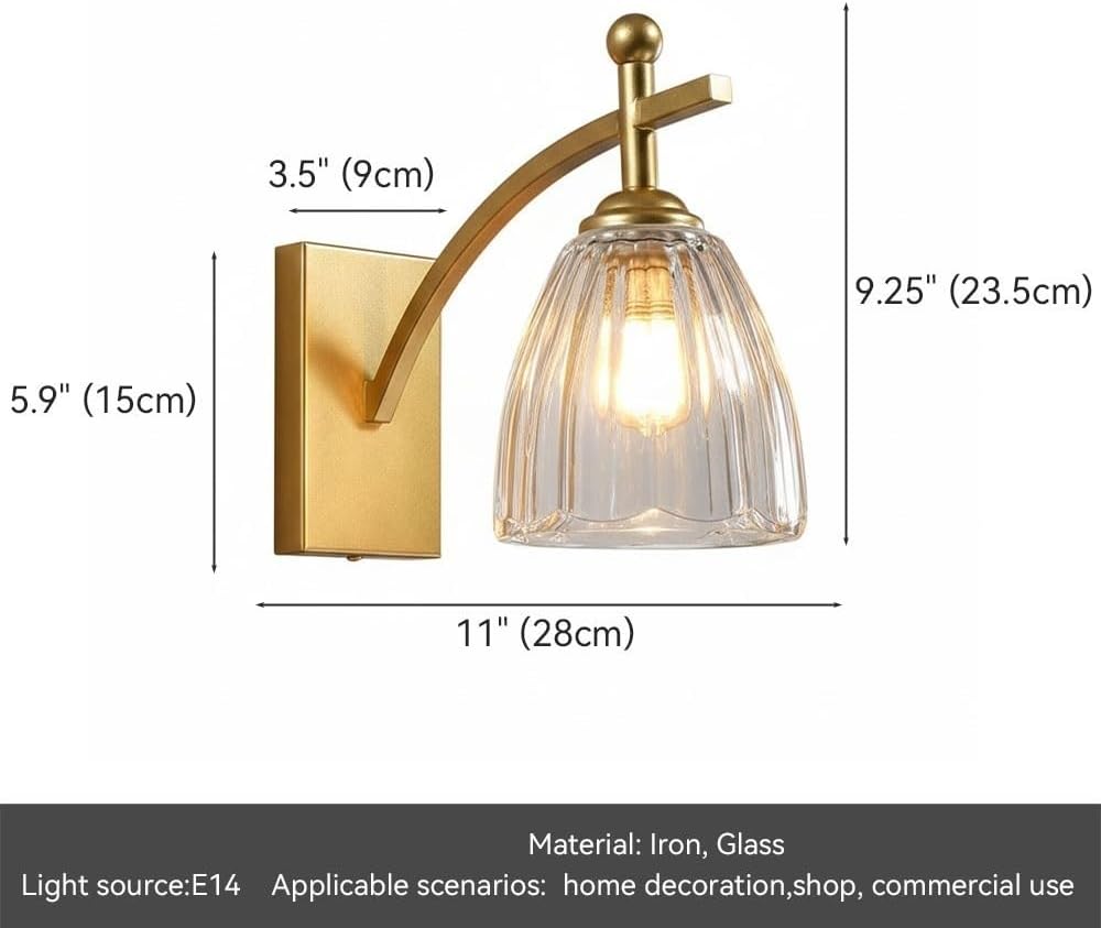 Ribbed Glass Wall Sconce, Gold Metal Wall Light, Mid Century Indoor Wall Lamp for Bedroom, Bedside, Hallway, Living Room, Entryway, Vanity, Apartment, Loft, Study, Hotel Parlor