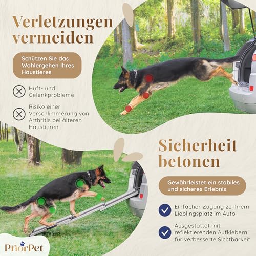 Hunderampe Auto Klappbar - Stabile und rutschfeste Hundeleiter Auto & SUV bis zu 90kg Belastbar - Teleskop Alu Rampe für große Hunde - Reflektierende Seiten - Hundetreppe - Befestigungsclip - Grau