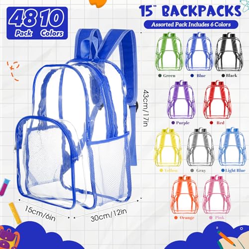 Image of Amylove 48 Pcs Clear Backpack bulk for Stadium Events Heavy Duty PVC Transparent Bookbag for College Workplace Security (15 Inches,Bright 10 Colors)