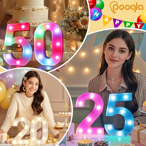 Image of Pooqla Colorful Light Up Numbers, 35 Colors LED Marquee Number Lights for 10th Birthday Decorations with Remote, RGB Lighted Numbers for Party, Wedding, Bar, Night Light, Home Decor, Number 0