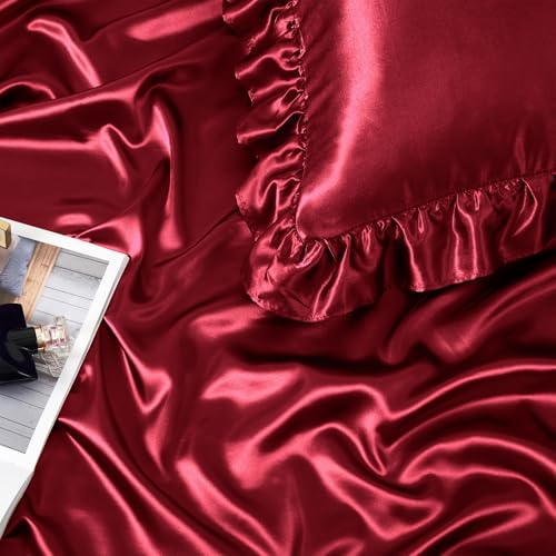 Image of Homiest Burgundy Queen Ruffle Pillowcase & Satin Fitted Sheet Set 3Pcs | Silky Satin Protects Hair And Skin, 15-Inch Deep Pocket, Pearlescent Rich Vintage Warmth, Easy Machine Wash Care