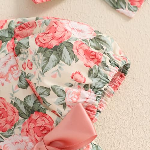 Bagilaanoe Summer Outfit Infant Baby Girl Clothes Ribbon Floral Short Sleeve Romper Bodysuit Jumpsuit Headband Set3