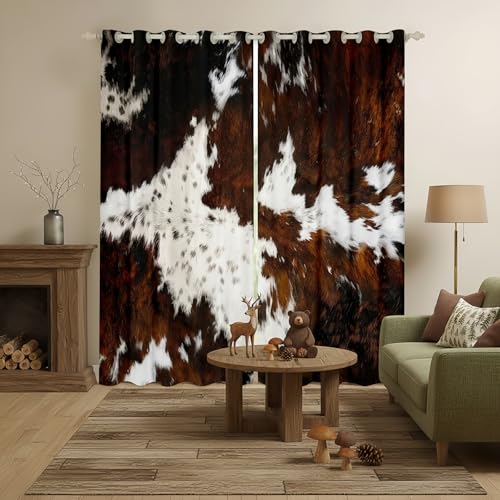 Black Brown Cowhide Blackout Curtains,Milk Cow Print Window Treatments 2 Panels 42 x 84 Inch,Rustic Farm Animals Fur Curtains & Drapes,Bull Cattle Wild Animal Skin Home Decor Boho Aztec Decor