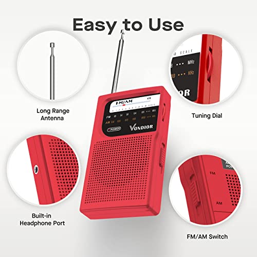 Am Fm Battery Operated Portable Pocket Radio - Best Reception And Longest Lasting. Am Fm Compact Transistor Radios Player Operated By 2 Aa Battery, Mono Headphone Socket, By Vondior (Red) #TOP2