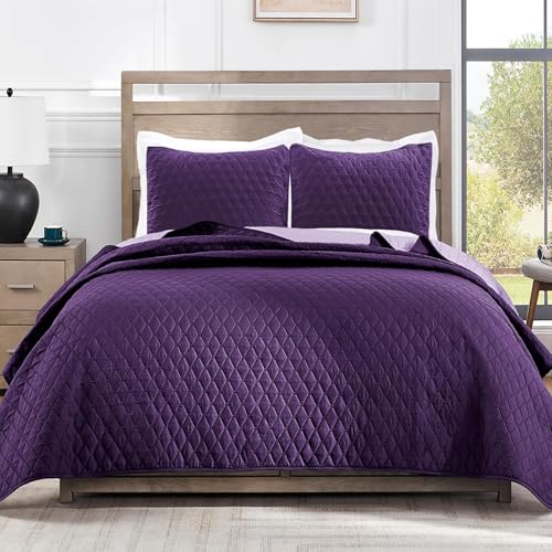 Exclusivo Mezcla Reversible King Size Quilt Bedding Set with Pillow Shams, Lightweight Quilts King Size, Soft Bedspreads Bed Coverlets for All Seasons - (Deep Purple, 104"x96")