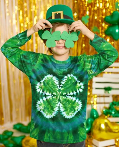 Image of Unisex Kids St. Patrick's Tie Dye Irish Clover Long Sleeve Shirt Shamrock Green Sweatshirt 6-14 Years