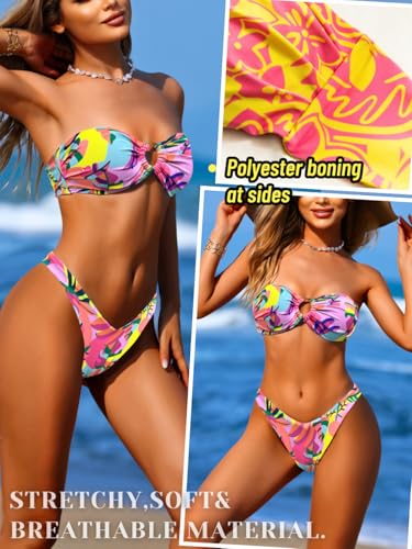 Women's Bandeau Tie-Back Bikini Sets, Cheeky Thong Swimsuits, Cute Floral Bathing Suit4