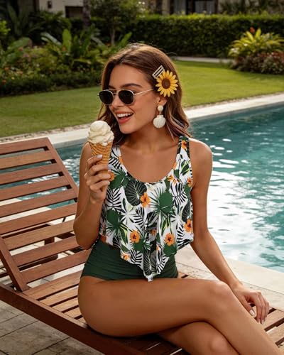 Image of Women High Waisted Bikini Swimsuit Flounce Vintage 2 Piece Bathing Suits | Vintage,tummy control,two piece bathing suits,plus size,swimwear,ruffled,tankini top,bikini bottom