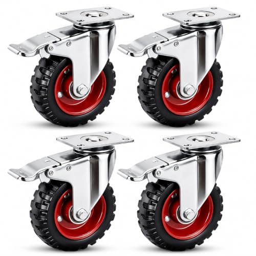5 Inch Caster Wheels with Safety Dual Locking and Rubber Tire Wheels, Heavy Duty - 600 Lbs Per Caster for Workbench, Cart, Trolley, Dolly, Cabinet, Compact Rubber Castor Wheels, 4-Packs(Red)