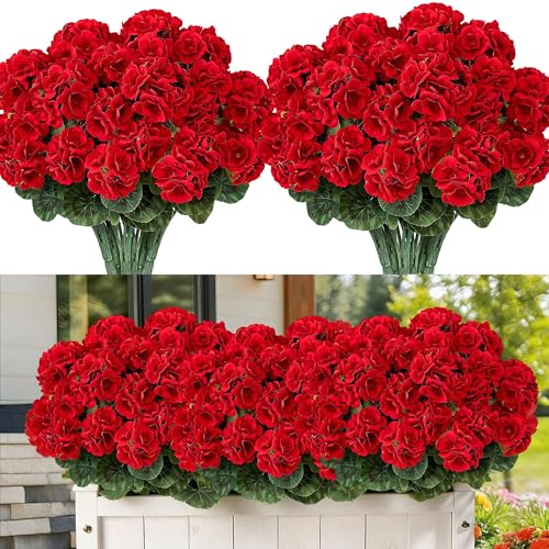 Artifolia 4 Ramos De Geranios Artificiales Exterior, Uv Resistentes Artificiales Plantas, Para Exterior Interior, Hogar Balcón Jardin Patio Maceta Colgante Decoración De Mesa, Rojo
