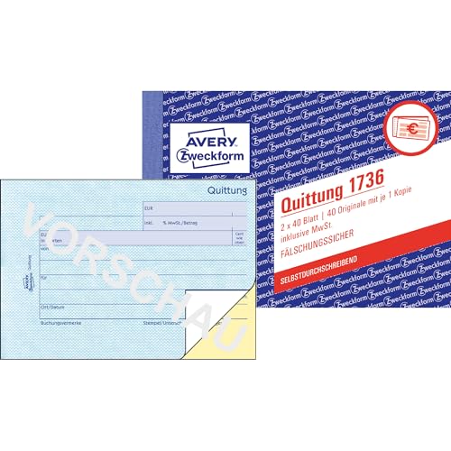 AVERY Zweckform 1736 Quittungsblock (A6 quer, 2x40 Blatt, selbstdurchschreibend, fälschungssicherer Dokumentendruck, für Beträge unter 250€ inkl. MwSt., für DE/AT) weiß/gelb