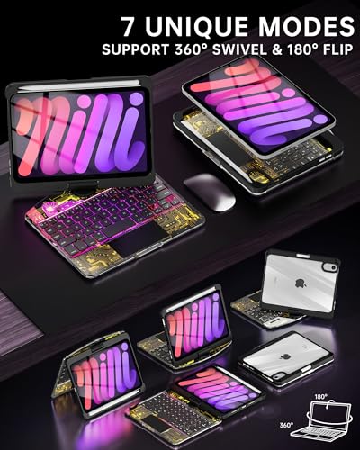 Image of Intermerge Keyboard Case for iPad Mini 7 (A17 Pro, 2024) & Mini 6 (2021) 8.3 inch - 360 Swivel Multi-Touch Trackpad, 7-Color RGB Backlit Keys, Pencil Holder, Type-C Charging, Power Indicator-Shadow Pulse