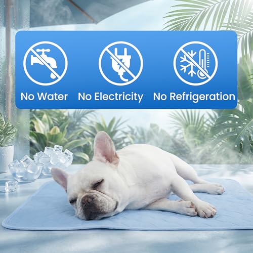 Image of PatiencET Dog Cooling Mat, 22 x 28 in No-Gel Cooling Pad for Small Dogs, Puppies and Cats, Cool Touch Nylon Pet Mat, Washable Summer Dog Mat for Crate, Floor, Sofa, Car, Blue