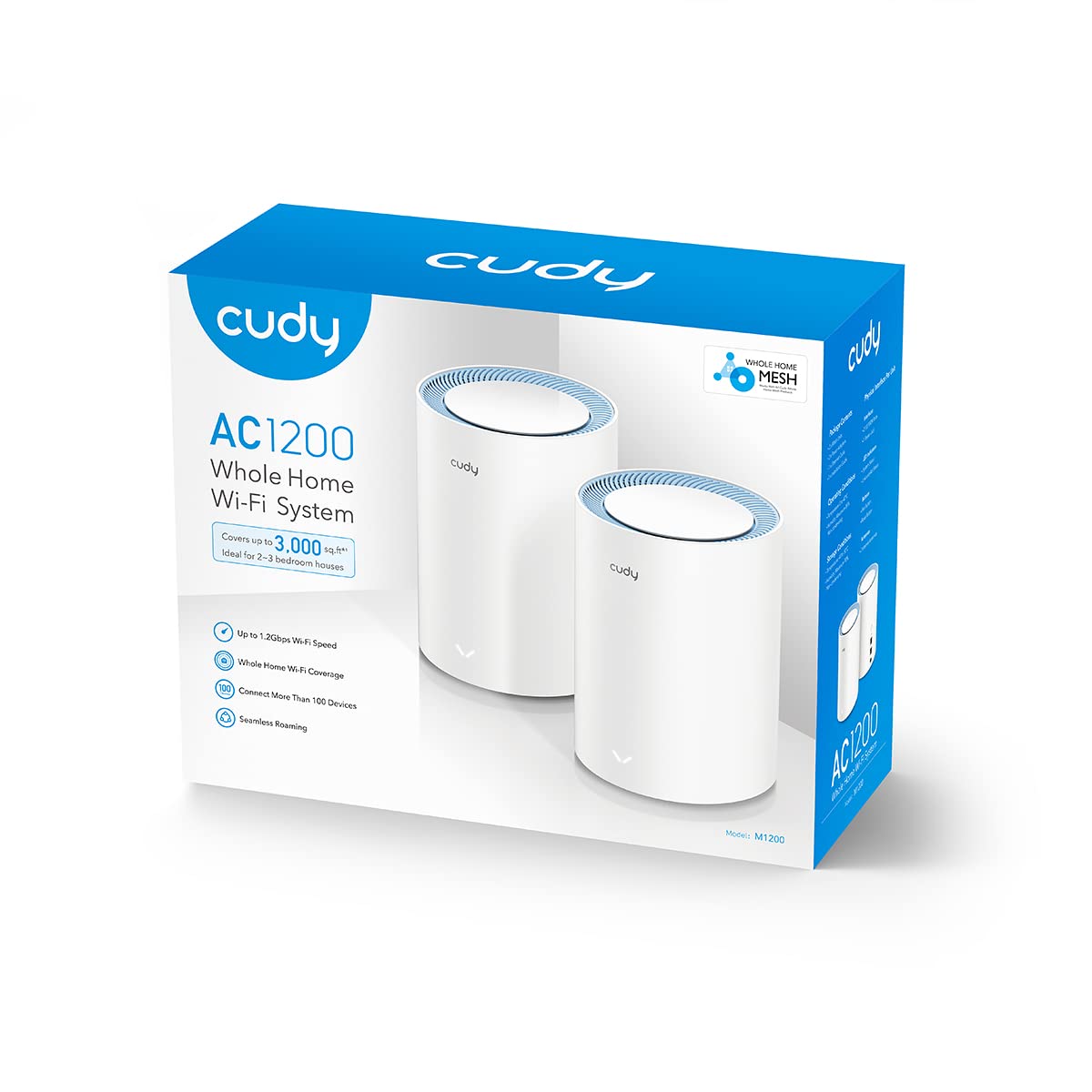 Cudy AC1200 Sistema WiFi a Rete Completa, Dual Band, Estensore WiFi, Porte 10/100M, Antenne ad alto guadagno, VPN, Cloudflare, M1200 2-Pacchetto