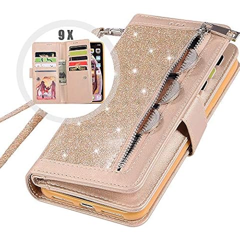 Auker iPhone 6S Plus Wallet Case with Strap for Women, Bling Glitter Leather Trifold 9 Card Holder Flip Magnetic Wallet Purse Case with Zipper Coin/Cash Pocket&Fold Stand for iPhone 6 Plus(Gold) Cover