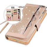 iPhone 6S Plus Wallet Case with Strap for Women,Auker Bling Glitter Leather Trifold 9 Card Holder Flip Magnetic Wallet Purse Case with Zipper Coin/Cash Pocket&Fold Stand for iPhone 6 Plus (Gold)