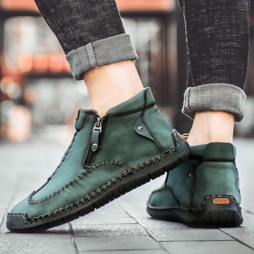 Men's Casual Leather Loafers Fashion Comfortable Chelsea Boots Hand Stitched Slip On Mid-top Shoes Green (Velvet) 10.52