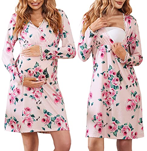 Image of Ekouaer Maternity Nightgown Pregnant Sleepwear Labor Pajamas Winter Long Sleeve Nursing Sleep Dress Pink S