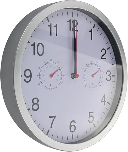 Miniatura 2 de Reloj de pared silencioso de 10 pulgadas, funciona con pilas, movimiento de barrido, cubierta de vidrio, marco de aluminio plateado, para cocina,