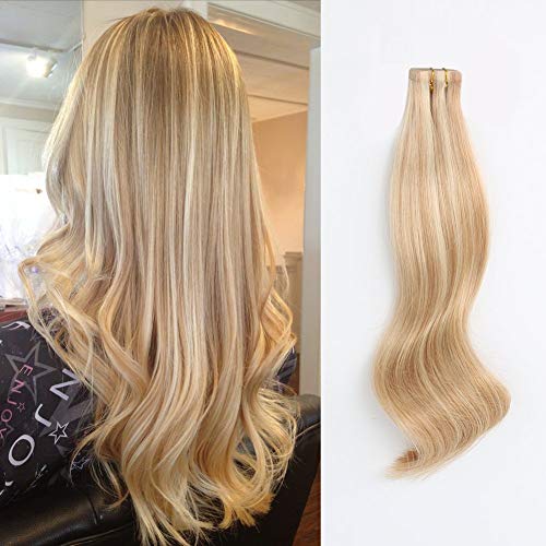ABH AmazingBeauty Hair 50g 20pcs Pre Taped Sun kissed Highlights Tape Hair Real Remy Human Hair Skin Weft, Invisible, Seamless, Dark Dirty Blonde with Platinum Ash Blonde P12-60, 14 Inch