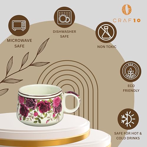 Image of CRAF10 Handcrafted Ceramic Vintage Rose Floral Print Teapot Cup Set - 1 Kettle (1 Litre) & 6 Cups (160 ML), Microwave & Dishwasher Safe | Morning Set | Tea Sets with Kettle