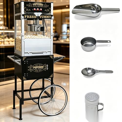 Commercial Popcorn Machine with Cart & Wheels - Popcorn Maker Machine with 22OZ Stainless Steel Kettle, Pop corn Machine Maker for Home, Parties, Movie Theater, Black