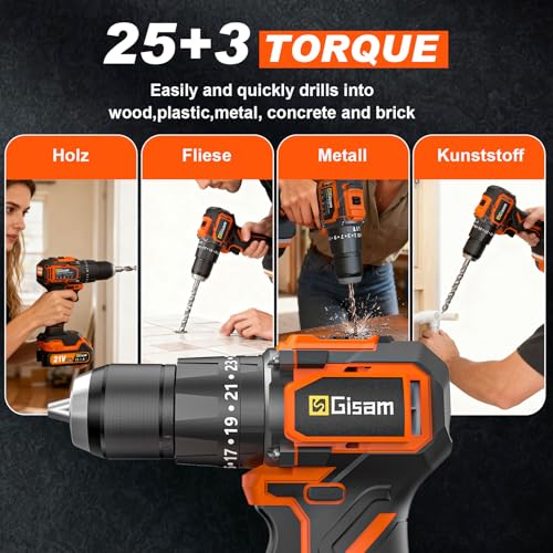 Taladro a Batería 21V, Kit Taladro Inalámbrico Con 2 Baterías, Motor Brushless 1200W 75Nm, 25+3 Niveles, Mandril 13mm, 2 Velocidades, Gran LED, 29 Accesorios Para Hogar & DIY de Jardín - imagen 3