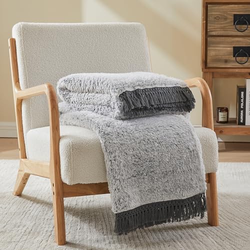 Image of EMME Soft Sherpa Fleece Blanket with Tassel, Reversible Plush Fluffy Large Blanket, Light Weight Warm Decorative Boho Blanket Cover for Sofa, Couch, Bedroom,Travel(Tassel Grey,50 inchx60 inch)