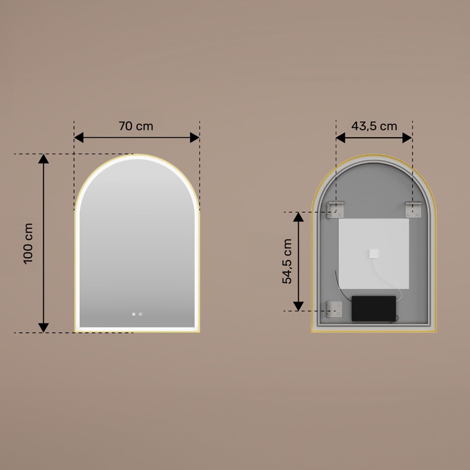 A ARTFORMA Espejo de Baño con luz Iluminación LED, Marco Oro Cepillado – 70x100 cm – Elíptico - Interruptor táctil, Intensidad Regulable 10-100%, Temperatura de Color Regulable, Estera de Calefacción
