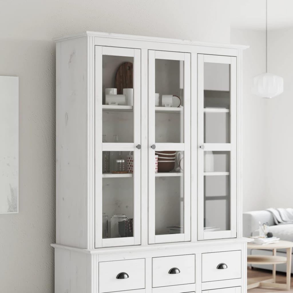 Armario de vitrina BODO con puerta de cristal de madera maciza de pino en blanco, uso versátil como accesorio para aparador o cómoda, con asas de metal y muchos estantes