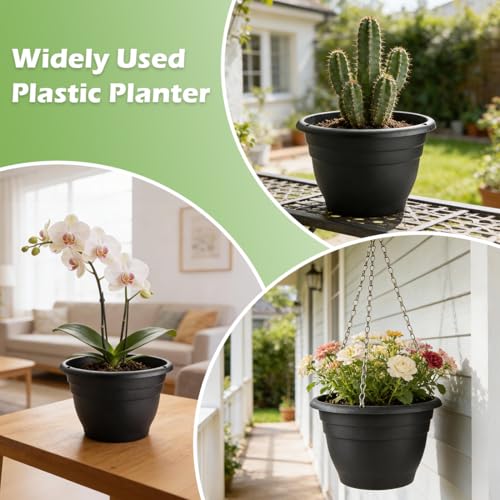 Image of RooTrimmer 15 Pack 11 Inch Plant Pots with Drainage Holes,Black Plastic Flower Pots with Hanging Holes,Durable Planters for Indoor & Outdoor Plants,Nursery Pots