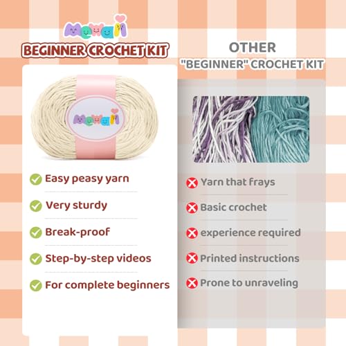 Image of Mewaii Crochet Kit for Beginners Level 1 with 40% Extra Eco-Friendly Pre-Started Easy Yarn, Step-by-Step Video Tutorials for Adults and Kids (Toast Coaster)