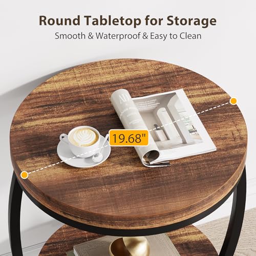 Condemo Round End Table, 2 Tier Industrial Side Table, Nightstand with Metal Frame, Accent Bedside Table with Storage Shelves for Living Room, Bedroom, Small Spaces, Rustic Brown & Black - Thumbnail 7