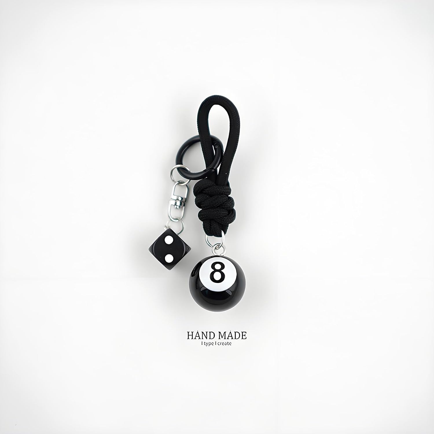 8 Ball Dice Charm Keychain - Black Rope Knot Cute Bag Purse Accessories Y2K Aesthetic Key Chain for Women Men
