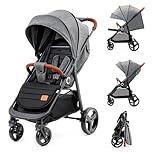 Kinderkraft GRANDE PLUS Passeggino Leggero dalla Nascita fino 22 kg, Pieghevole con una Mano, Posizione Sdraiata, L'ammortizzazione su Tutte le Ruote, Cappottina XL, Grigio