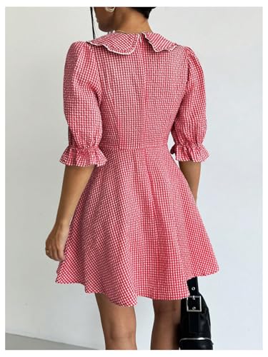 Floerns Women's Gingham Print V Neck A Line Dress Puff Sleeve Flare Hem Short Dresses3