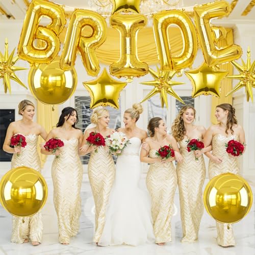 Image of Gold Bride Balloons Bachelorette Party Decorations, 32in Gold Giant Bride Balloons with 4D Disco Ball Balloon and Star Foil Balloon for Bridal Shower Wedding Engagement Party Supplies