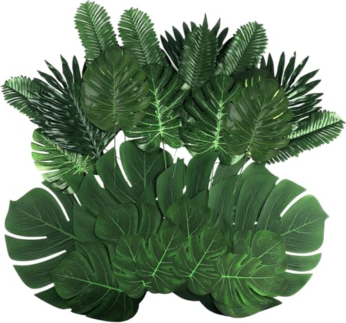 Ledoira 52Pieces 7Kinds Artificial Palm Leaves Tropical Leaves with Stems Jungle Leaves Decorations for Hawaiian Luau Party Beach Baby Shower Wedding Birthday