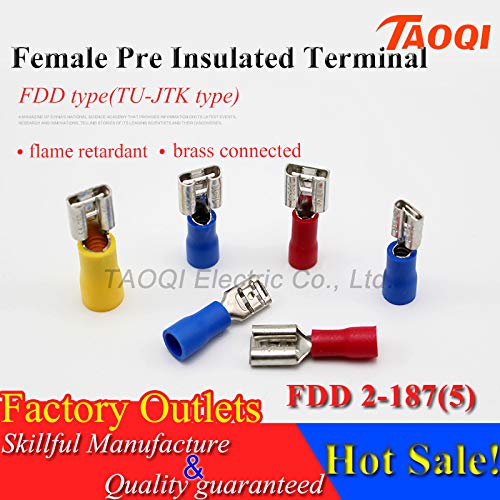 Davitu 1000pcs/pack FDD2-187(5) Female Pre Insulated Electrical Crimp Terminal Spade Cable Wire Connectors 16-14 AWG - (Color: Red)