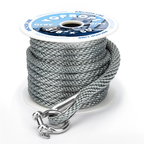 Anchor Line 3/8 inch 50ft. Grey Double Braided Nylon MFP Boat Anchor Rope with Stainless Steel Thimble and Shackle Anchor Line Fittings for Anchors and Boats Marine Rope
