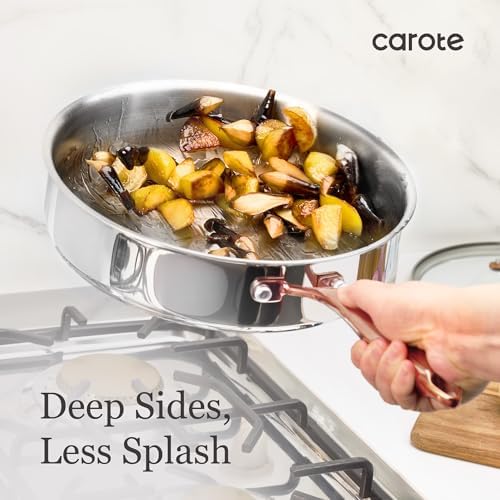 CAROTE 10" Tri-Ply Stainless Steel Frying Pan, Non-Toxic Fry Pan Egg Pan Omelet Pans, Oven Safe, Induction, Ceramic and Gas Cooktops Compatible, Silver