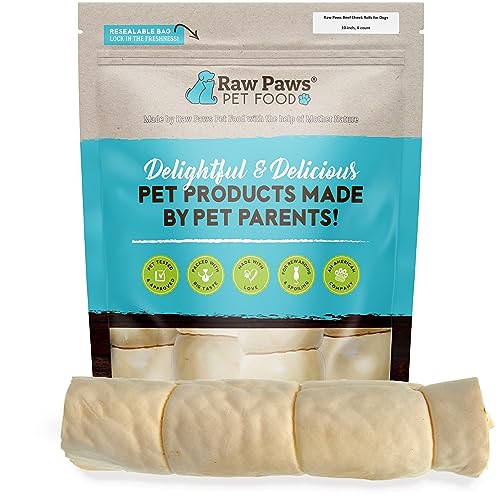 Raw Paws Beef Cheek Rolls for Dogs 10 inch 4 ct Packed in USA Rawhide Alternative Dog Chews Free Range Cow Cheek Rolls for Dogs Retriever Rolls for Large Dogs Dog Beef Cheeks