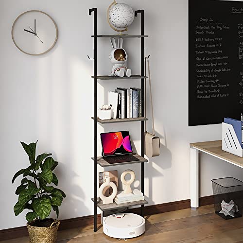 Tohomeor Retro Bookshelf Wall Mounted 5-Tiers Ladder Shelf Dark Grey Narrow Thin Bookshelf Farm House Open Display Storage Rack For Living Room Bedroom Home Office #TOP1
