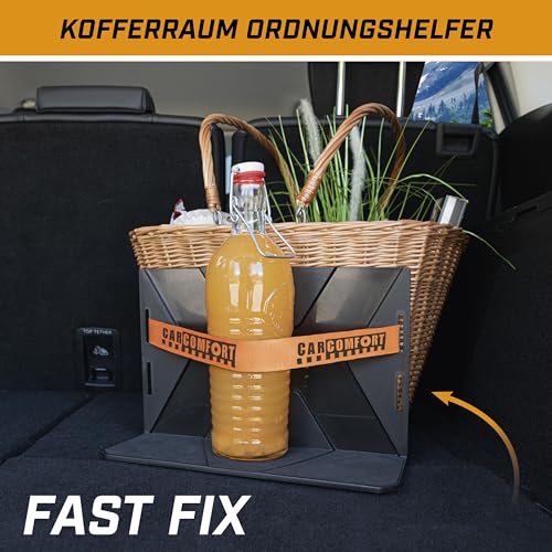 Walser Kofferraum Ordnungshelfer FastFix Göße L, Ladungshilfe mit Gurt, Kofferraumsicherung mit Kofferraumhalterung und Gurt 32x12,7x21 cm schwarz/orange