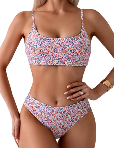 YIMISAN Women's Two Piece Swimsuit Floral Print Bikini Sets Spaghetti Straps Scoop Neck Mid Waist Cheeky Bathing Suit