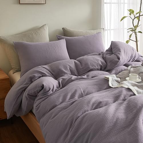SE SOFTEXLY Muslin Duvet Cover Queen Size, 100% Washed Cotton Duvet Cover Set, Ultra Soft Comforter Cover Linen Like, 3 Pieces Minimalist Gauze Duvet Cover with 2 Pillowcases, 90"x90", Purple Grey