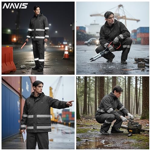 Image of Men's PRO Hi-Vis Waterproof Workwear Rain Jacket & Bib Pants with Hood, 3-Piece Safety Durable Functional Nylon Oxford Shell